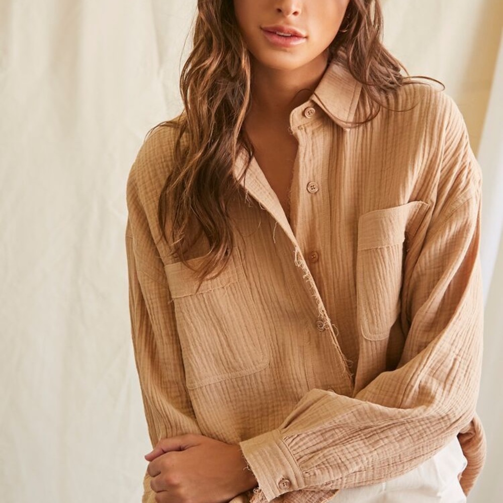 Distressed Muslin Button Down Oversized Top